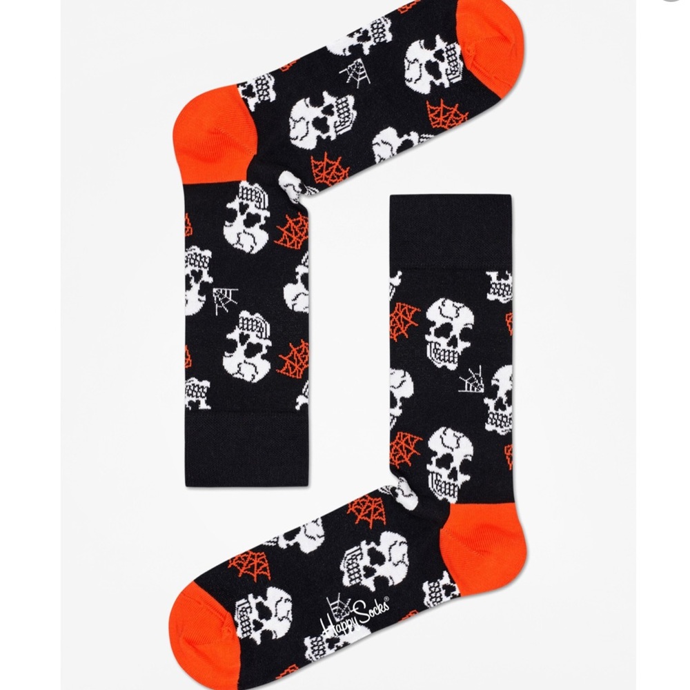 HAPPY SOCKS HALLOWEEN SKULLS COMBED COTTON SOCKS CREW BLACK  ORANGE WHITE NWOT